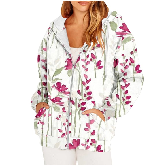 skpabo Zip Up Hoodies for Women Fashion Floral Print Sweatshirts Long Sleeve Hooded Pullover Top Soft Stretchable Comfortable Plus Size Outerwear with Pockets S-3XL