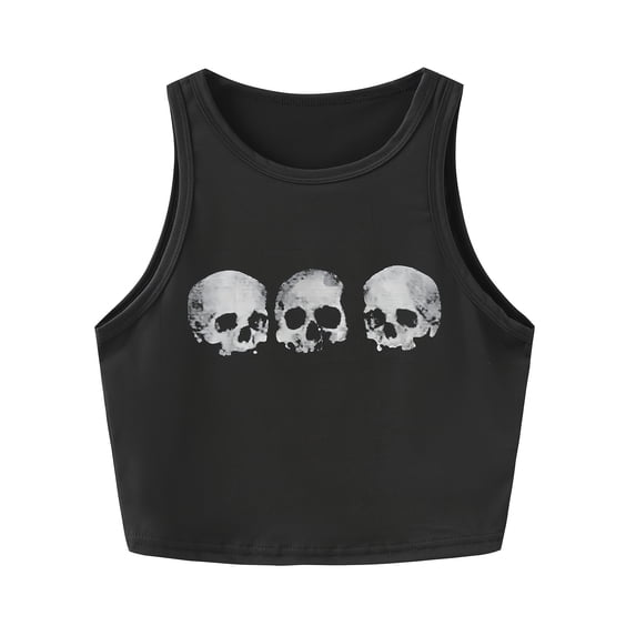 skull Graphic Print Crop Tank Top, Sleeveless Casual Top For Summer & Spring, Women's Clothing