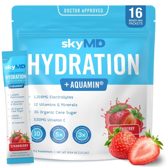 skyMD Daily Hydration | Electrolytes Powder Packets | Low Sugar, 10 Calories | 12 Vitamins & Minerals, Sodium | Drink Mix for Energy and Recovery | Strawberry | 16 Sticks