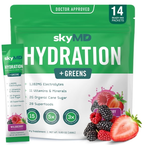 skyMD Hydration + Greens | Electrolytes Powder Packets | Low Sugar, 15 Calories | 12 Vitamins & Minerals, Sodium | 28 Superfoods for Gut Health | Wild Berry | 14 Sticks