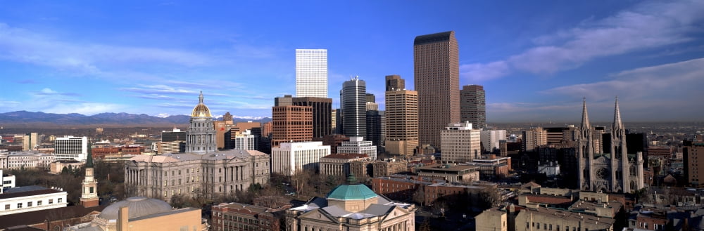 This is the skyline State Capitol and Rocky Mountains It shows morning light on what is known as the Mile High City Canvas Art - Panoramic Images (27 x 9)
