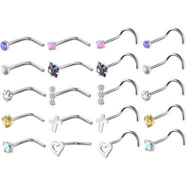 18G 20G G23 Titanium Nose Ring – Cork Screw CZ Nostril Stud, Clear Gem, Unisex