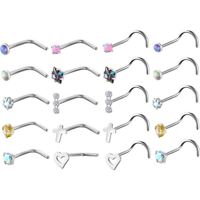 18G 20G G23 Titanium Nose Ring – Cork Screw CZ Nostril Stud, Clear Gem, Unisex