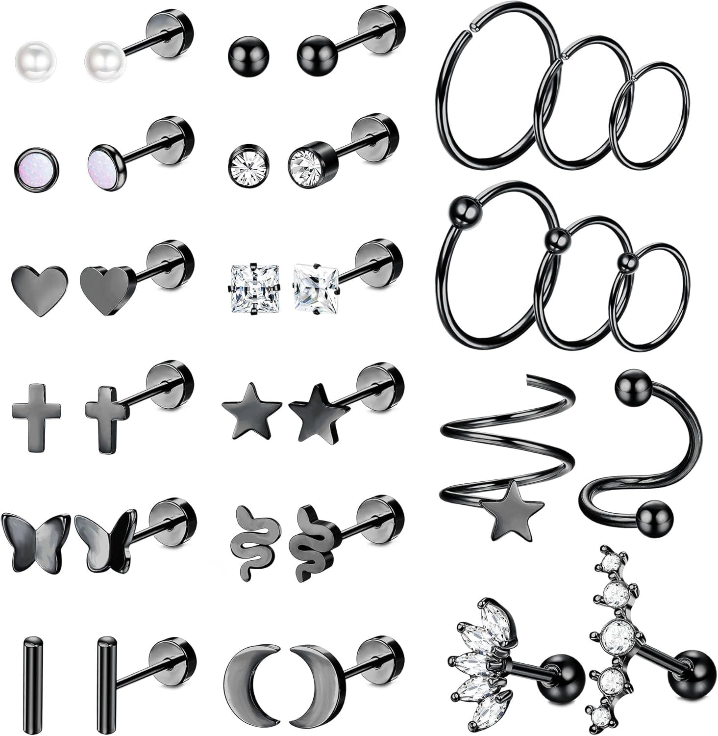 SKYYDS 20G Surgical Steel Stud Earrings For Women Multipack Cartilage Earring Studs Hoops Cz Heart Star Flat Back Earrings Helix Piercing Jewelry[eh2205]