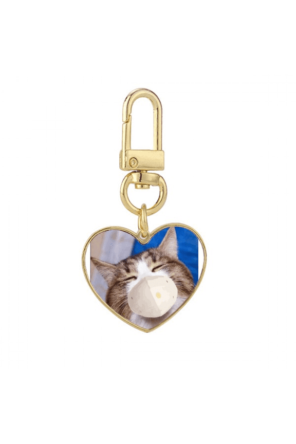 sleepy squinting head pet cat fgold heart keychain metal keyring holder