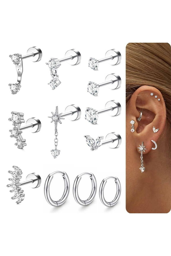 20Gauge Cartilage Earrings for Women Flat Back-Hypoallergenic Surgical Stainless Steel Stud Hoop Cartilage Earring Set Daith Conch Tragus Helix Piercing Jewelry Single