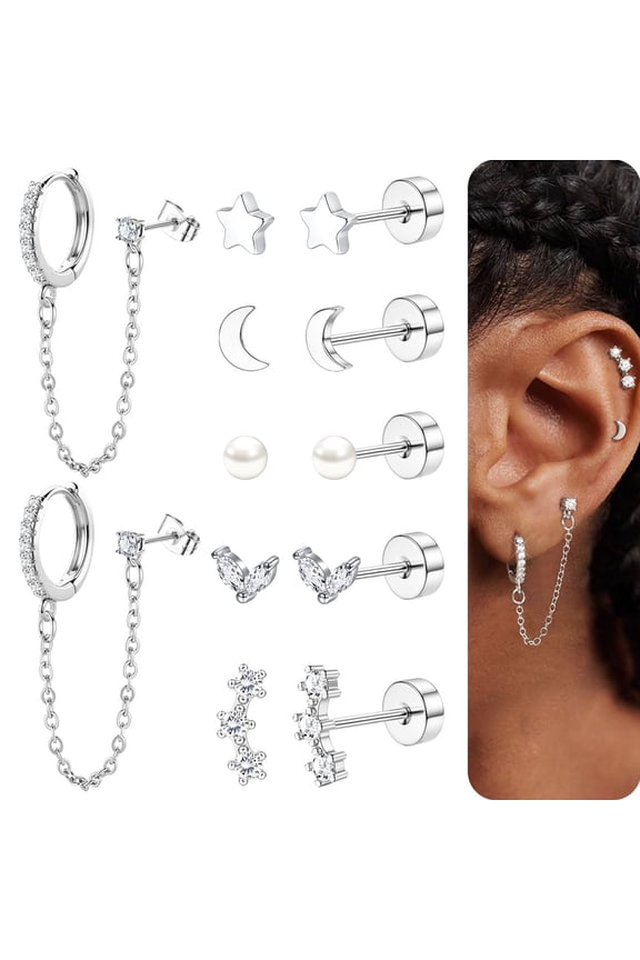 Flat Back Earrings for Women,Trendy Cartilage Earring Sets for Multiple Piercing Hypoallergenic Small Huggie Hoop Earrings Stacks with Dangle Chain Dainty Gold Stud Earrings