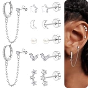 Flat Back Earrings for Women,Trendy Cartilage Earring Sets for Multiple Piercing Hypoallergenic Small Huggie Hoop Earrings Stacks with Dangle Chain Dainty Gold Stud Earrings