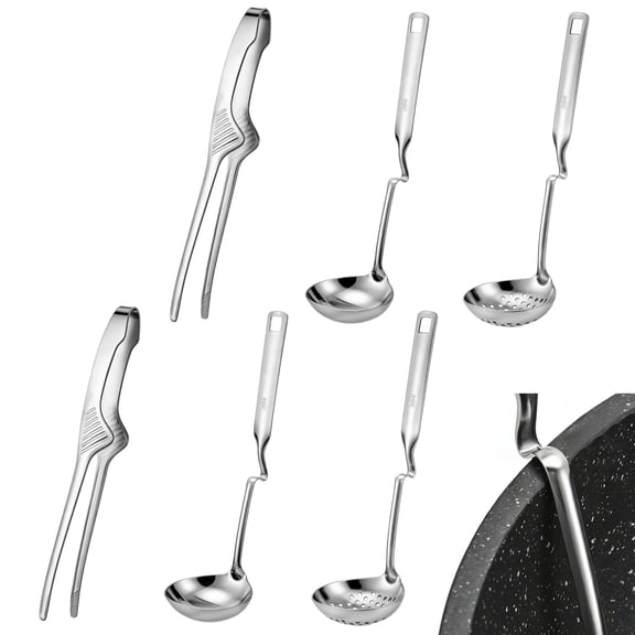 6 PCS Soup Ladle and Colander Set, Stainless Steel Hotpot Utensils with Hooked Edge, Ladles BBQ Tongs for Shabu Shabu Cooking, Barbecue and Kitchen Use