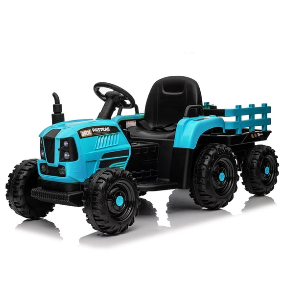 sluting 24V 400W Kids Ride On Tractor with Detachable Trailer, Blue Polypropylene Electric Toy Tractor w/2.4G Remote Control, 3 Speed, Bluetooth Music LED Lights for Kids Ages 3+