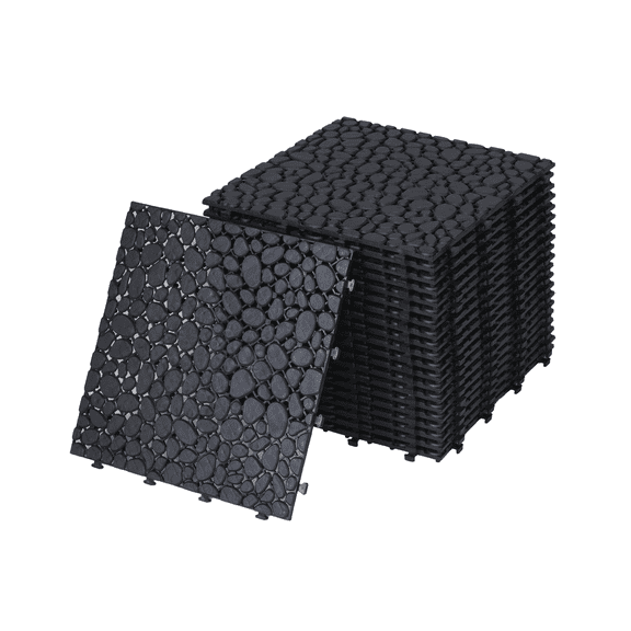 sluting 60 PCS 12x12 Inch Black Pebble Stone Pattern Plastic Interlocking Deck Tiles, 440 LBS Weight Capacity Waterproof Anti-slip All Weather Outdoor Flooring for Patio Balcony Porch Bathroom