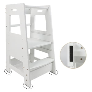 sluting Toddler Standing Tower, Adjustable Height Wooden Kids Step Stool with Anti-Drop Safety Rail, Non-Slip Learning Stool for Kitchen Bathroom, White