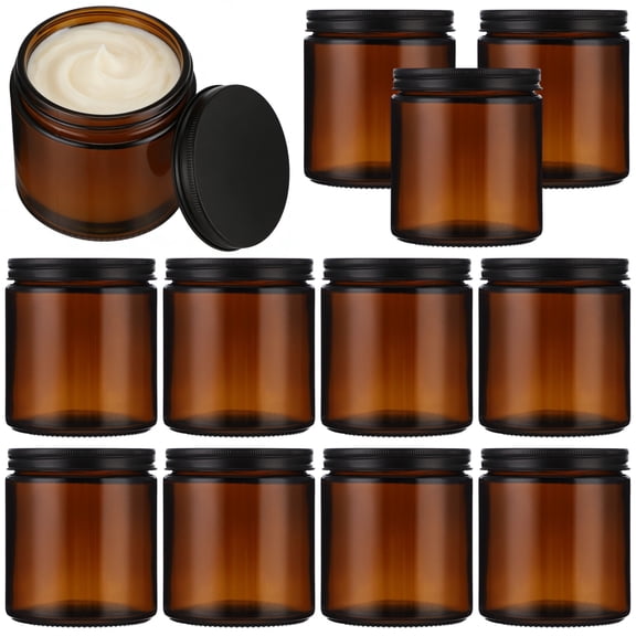 12 PCS 16 oz Amber Glass Jars, Round Glass Container with Metal Lid, Small Airtight Glass Containers for Cream Lotion Powder Beauty Products, Leakproof Empty Cosmetic Travel Jar