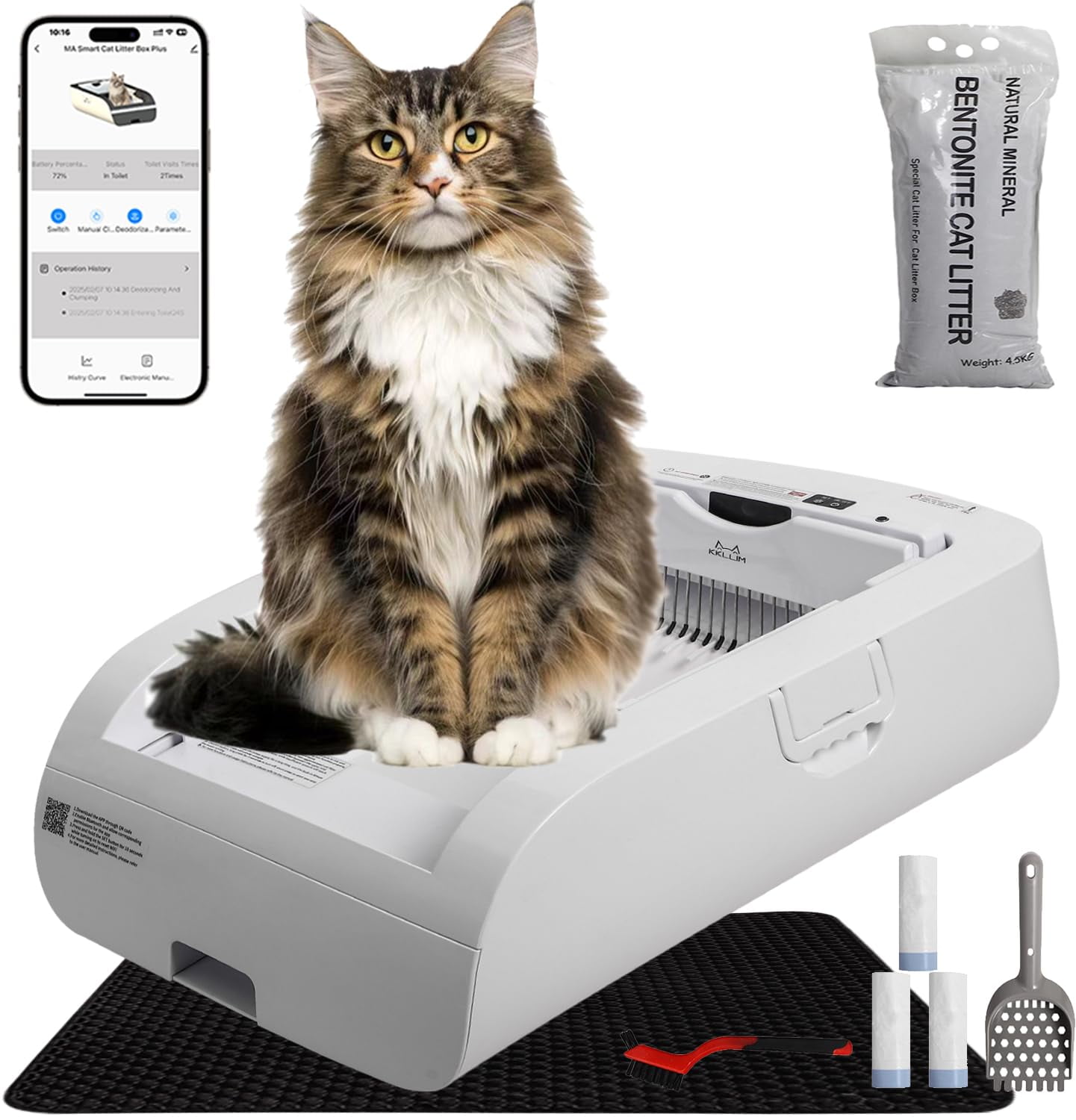 This smart litter box can be controlled via an app, features automatic cleaning to prevent cats from getting pinched, is odorless, and runs quietly. It also includes free trash bags, a litter mat, a