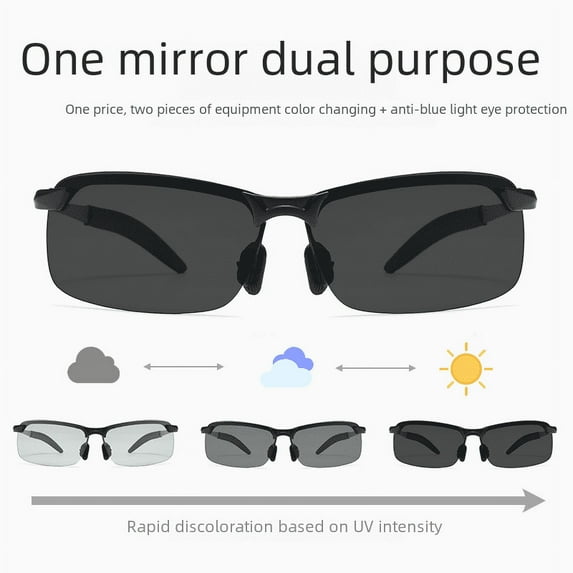 smart photosensitive color-changing polarized sunglasses day and night driving men's and women's sunglasses-Black+dark green