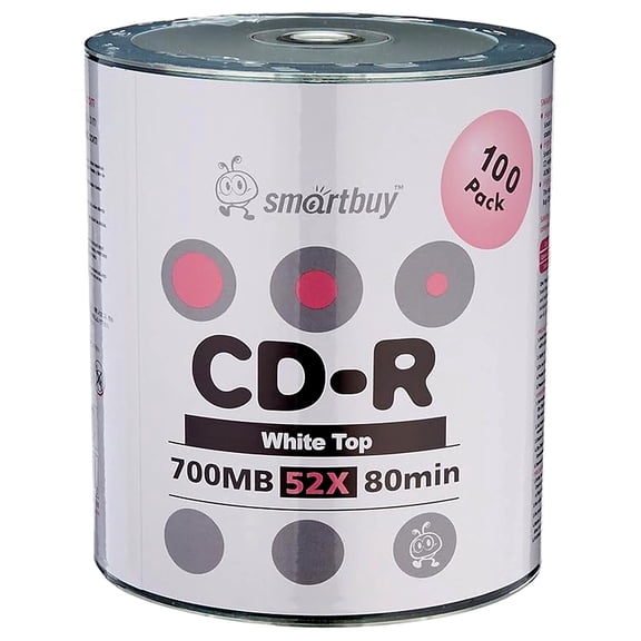 smartbuy 100-disc 700mb/80min 52x cd-r white top blank data recordable media disc