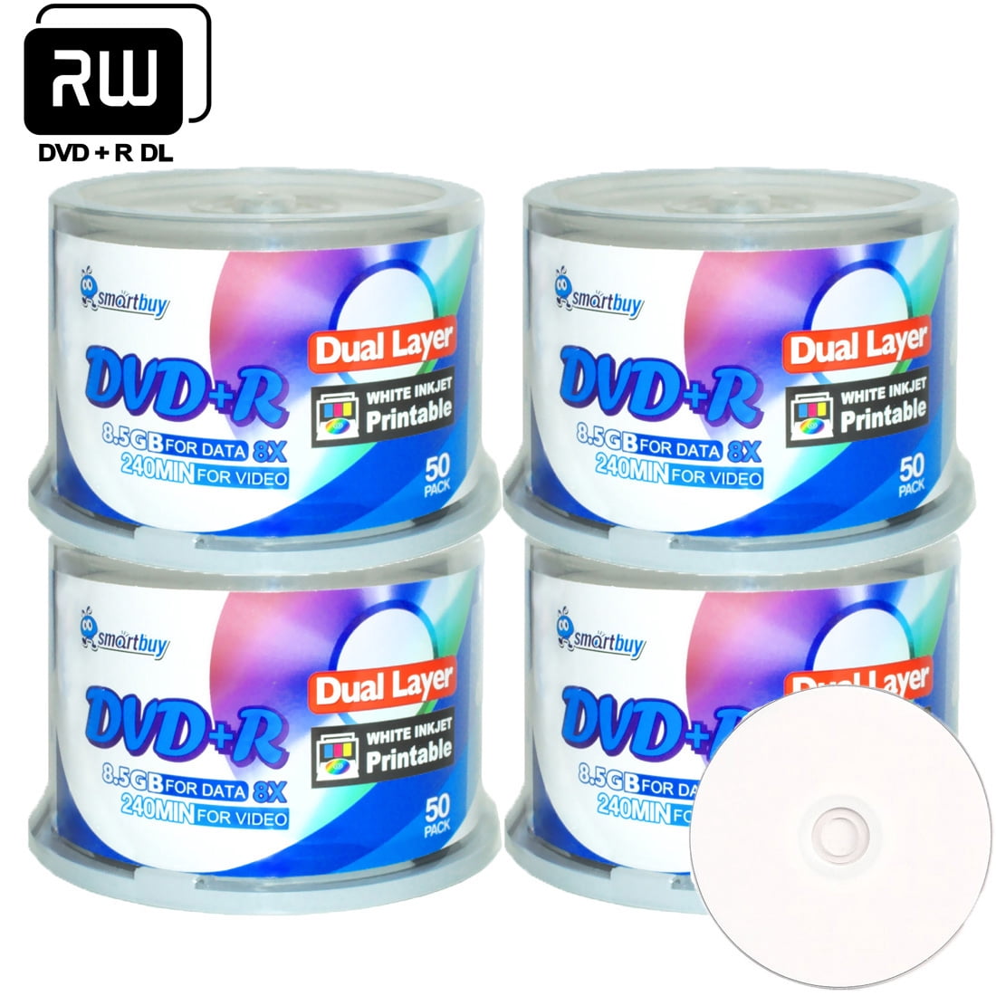 200 Pack Smartbuy DVD+R DL Dual Layer 8X 8.5GB DVD Plus R Double Layer White Inkjet Hub Printable Blank Media Data Movie Game Recordable Disc