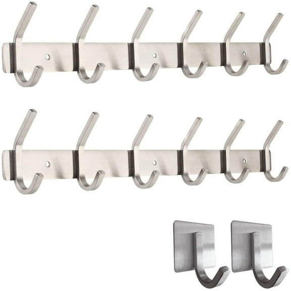 smartpeas Wall Coat Rack Coat Rack Rustproof Stainless Steel - Holds up to 30kg - 6 Fixed Hooks + 1 Free Self Adhesive Hook - Simple Brushed Finish - No Sharp Edges 2X 6-Hooks Stainless Steel