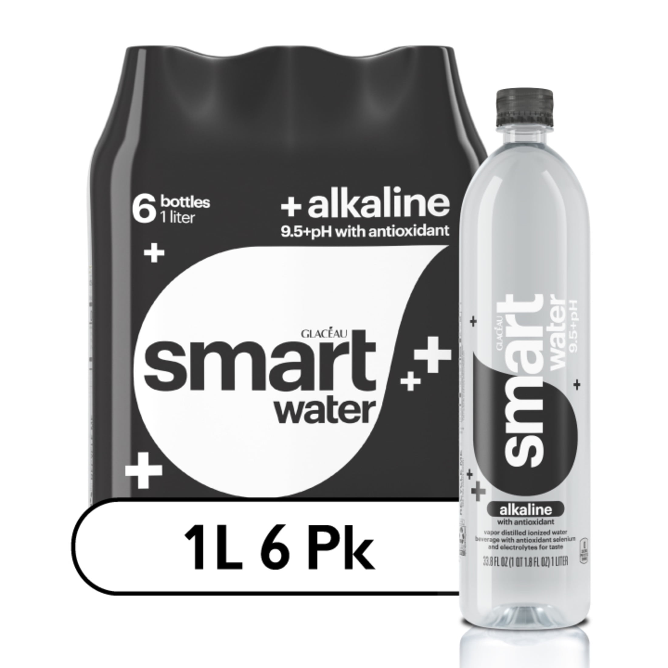 smartwater alkaline with antioxidant ionized electrolyte vapor-distilled water bottles, 1L, 6 pack
