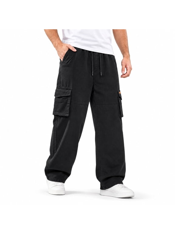Men's Baggy Cargo Jeans Washed Denim Pants With Drawstring Elastic Waist And Multi Pockets For Casual Streetwear