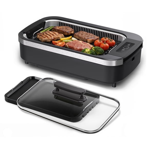 CRZOE Indoor Smokeless Electric Grill, 1500W Korean BBQ Grill with Drip Tray & Tempered Glass Lid, Compact Portable, NonStick, 6-Level Control, 90 Min Auto Timer, Dishwasher Safe, Black