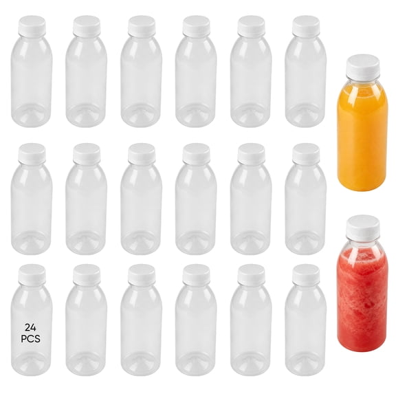 24 Pack 8.5 oz Juice Bottles with Lids, 6.1 x 2.4 in Reusable Clear Plastic Bottles for Smoothies Milk Homemade Beverages, Leak-Proof Tight Sealing Drink Containers for Travel Picnic