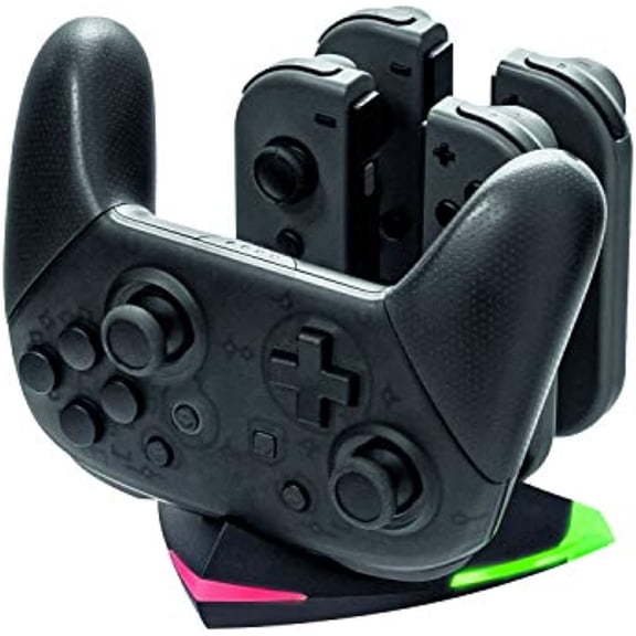 snakebyte ARROW CHARGE S - Nintendo Switch charging station for 4 Joy-Cons and 1 Switch Pro Controller, 5-in-1 charger, LED charge status, incl. Type-C charging cable and adapter for Pro Controller