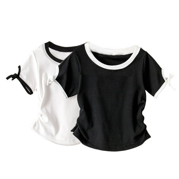 snilers 2 Pcs Girls T Shirts Crew Neck Ribbed Knit Short Sleeve Stretchy Slim Fitted Summer Tops Basic Tee Blouse Size 3-10 Years