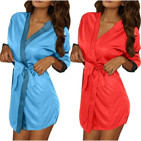 snilers 2 Pcs Robes for Women Fashion Color Block Lace Trim 3/4 Length Sleeve Bathrobes Casual Loose Lightweight Kimono Loungewear