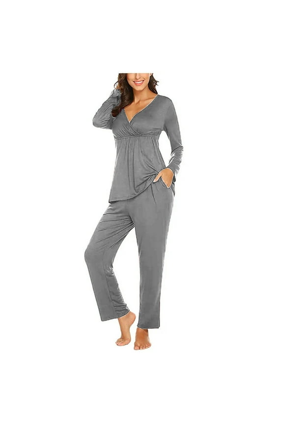 2 Piece Postpartum Nursing Pajamas Set V Neck Short Sleeve Breastfeeding Shirts Pregnancy Pants Maternity Pjs Sleepwear S-2XL