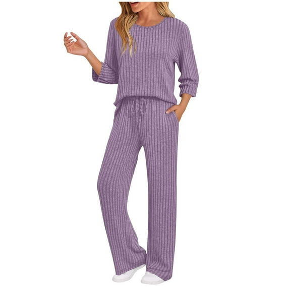 snilers 2 Piece Sets for Women Fall Outfits Soft Comfy Ribbed Knit Lounge Set Long Sleeve Top and Straight Leg Pants Casual Loose Sweatsuits Matching Sets M