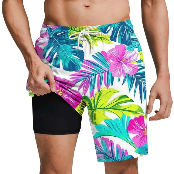 snilers 2 in 1 Mens Swim Trunks with Pockets Hawaiian Bathing Suit Built-in Board Shorts Swimwear Tropical Print Stretch Long Shorts XXL