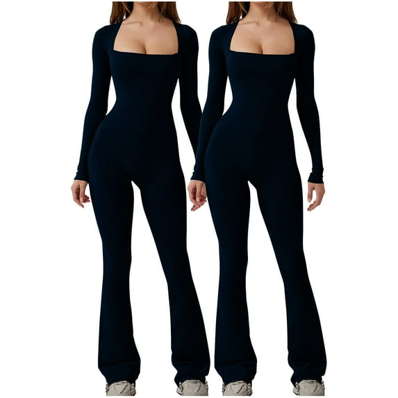 snilers 2PC Jumpsuits for Women Square Neck Tummy Control Long Sleeve Bodycon Romper Slim Fit Flare Wide Leg Leggings Yoga Jumpsuit