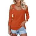 thumbnail image 1 of snilers 3/4 Length Sleeve Womens Tops Off Shoulder Scoop Neck Pullover Trendy O Ring Shoulder Solid Color Tunic Blouses, 1 of 4