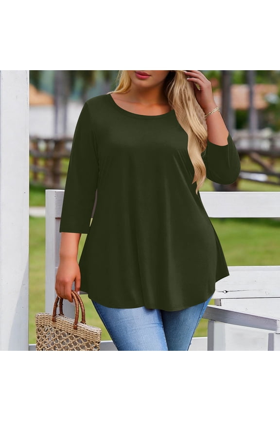 3/4 Length Sleeve Womens Tops Plus Size Spring Casual Swing Tunic T Shirt Summer Flowy Loose Basic Tees Blouse XL-5XL