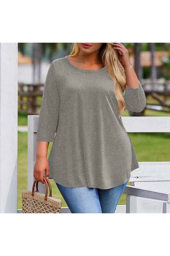 3/4 Length Sleeve Womens Tops Plus Size Spring Casual Swing Tunic T Shirt Summer Flowy Loose Basic Tees Blouse XL-5XL