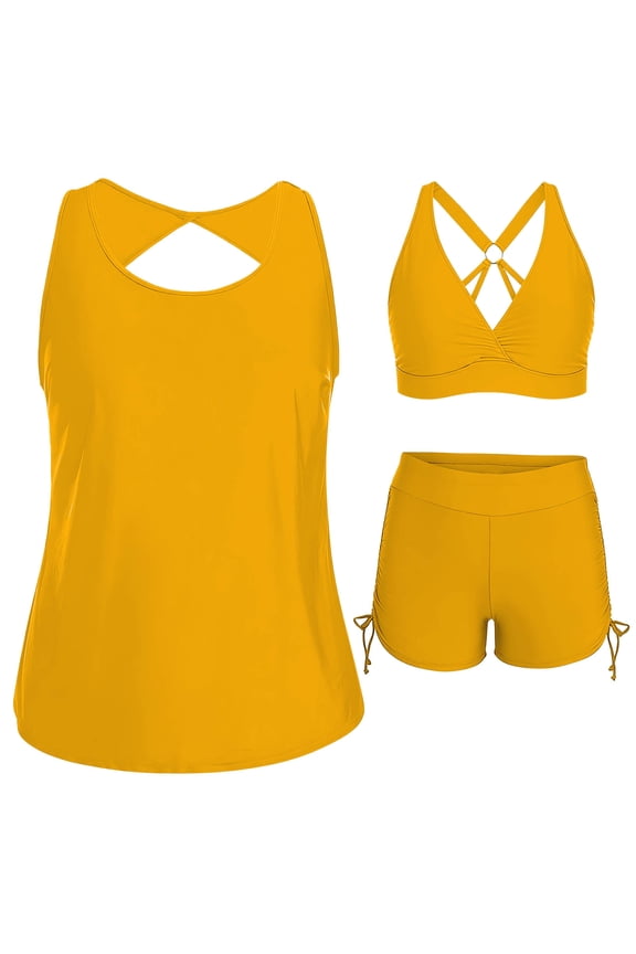 3 Piece Tankini Swimsuits for Women Swim Tank Top Bathing Suits with Boy Shorts and Bra Athletic Swimwear S-3XL