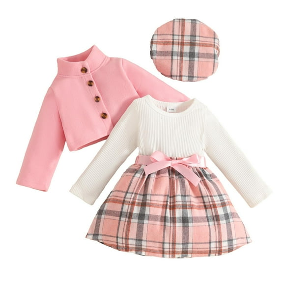 snilers Baby Girl Clothes Cute Fashion 3 Piece Outfits Mock Neck Long Sleeve Fleece Jacket with Plaid Skirt and Hat Matching Lounge Sets 2 Years