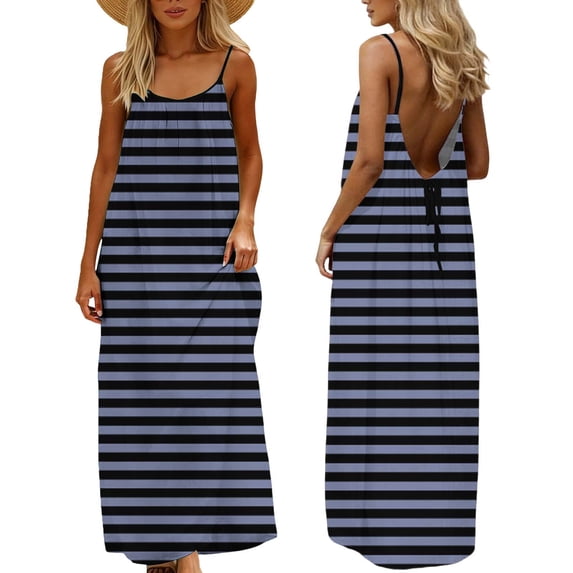snilers Backless Cami Dresses for Women Striped Lounge Dress Open Back Sleeveless House Dress Beach Vacation Long Sundress S-3XL