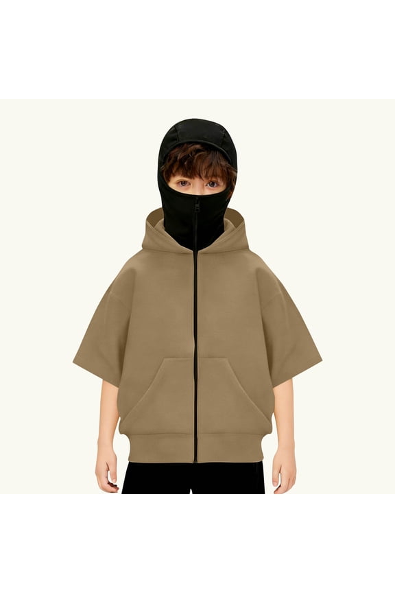 Balaclava Hoodie for Boys Girls Kids Windproof Zip Up Face Mask Sweatshirt Oversized Short Sleeve Hooded Jacket 4-15 Years