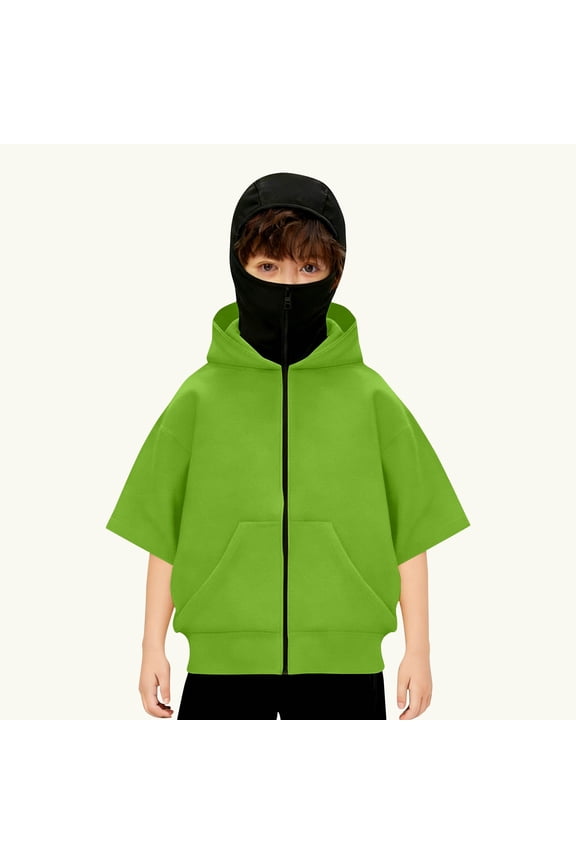 Balaclava Hoodie for Boys Girls Kids Windproof Zip Up Face Mask Sweatshirt Oversized Short Sleeve Hooded Jacket 4-15 Years
