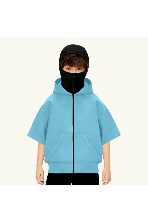 Balaclava Hoodie for Boys Girls Kids Windproof Zip Up Face Mask Sweatshirt Oversized Short Sleeve Hooded Jacket 4-15 Years