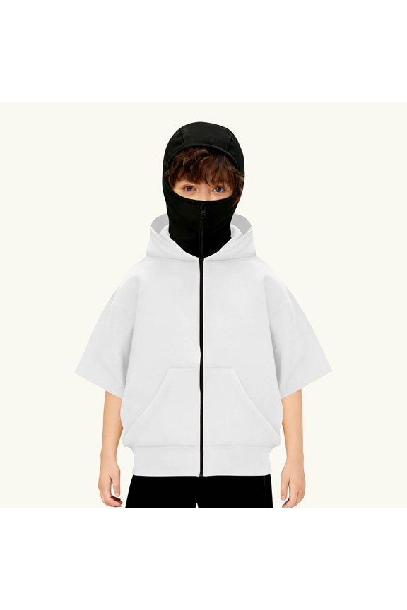 Balaclava Hoodie for Boys Girls Kids Windproof Zip Up Face Mask Sweatshirt Oversized Short Sleeve Hooded Jacket 4-15 Years