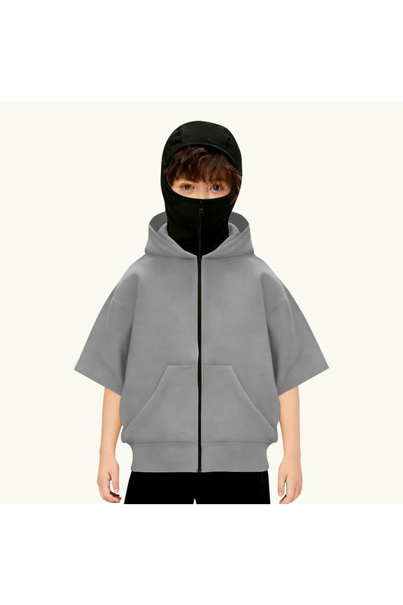 Balaclava Hoodie for Boys Girls Kids Windproof Zip Up Face Mask Sweatshirt Oversized Short Sleeve Hooded Jacket 4-15 Years