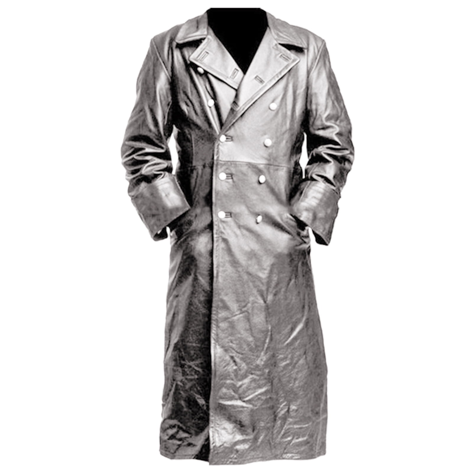snilers Big and Tall Gothic Leather Trench Coat for Men Turndown Button Down Jacket Fall Winter Warm Long Coat Faux Leather Jacket with Pockets S-5XL