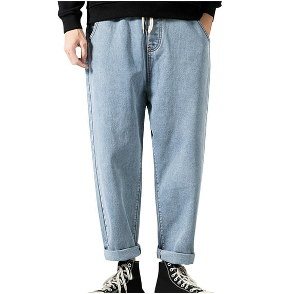 snilers Big and Tall Jeans for Men Elastic Waist Drawstring Straight Leg Denim Trousers Solid Color Relaxed Fit Casual Denim Pants with Pockets