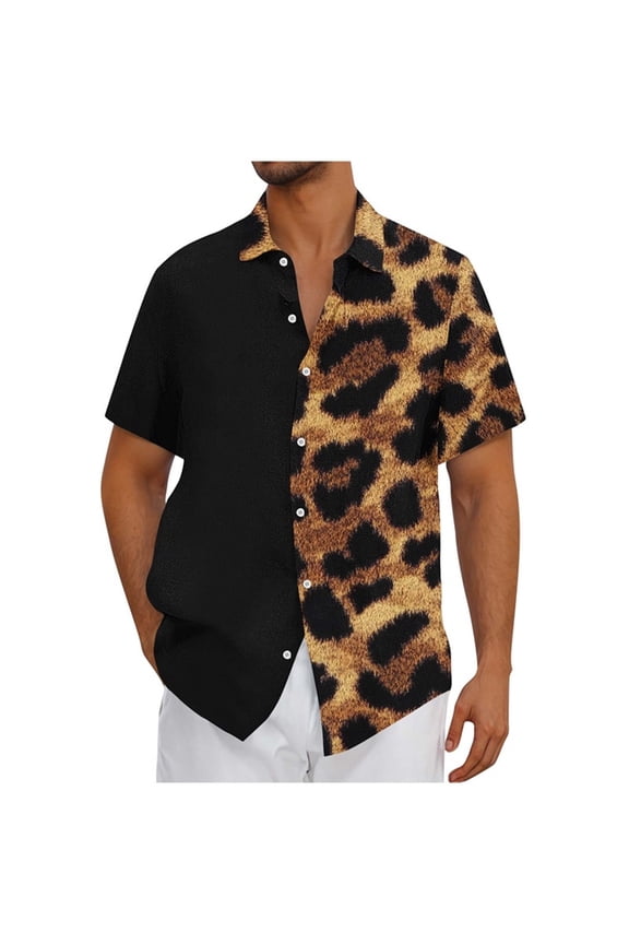 Big and Tall Linen Shirts for Men Breathable Button Down Collared Casual Tops Summer Beach Hawaii Leopard Print Short Sleeve Blouses