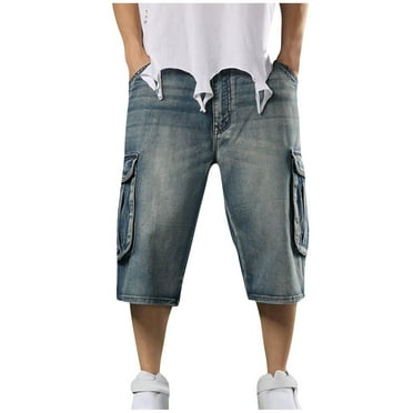snilers Big and Tall Mens Cargo Denim Shorts Baggy Elastic Waist Loose Fitted Cropped Jeans Casual Solid Color Denim Shorts with Pocket