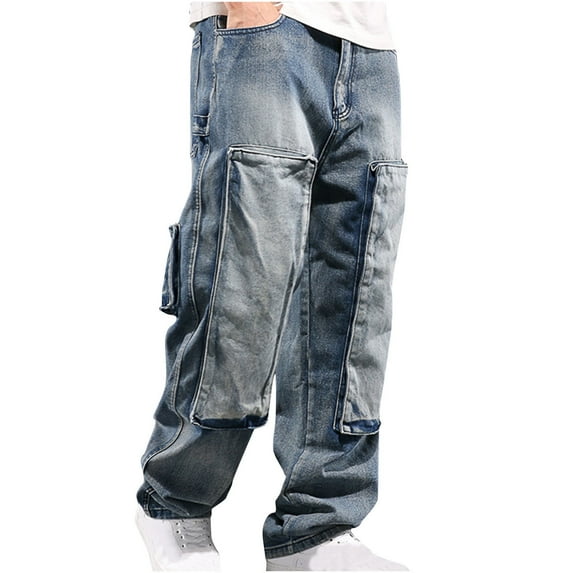 snilers Big and Tall Mens Jeans Cargo Mid Waist Straight Leg Denim Pants Loose Fitted Hip Hop Casual Jeans with Multi Pockets