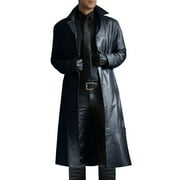 snilers Big and Tall Mens Trench Coat Button Up Lapel Solid Color Windbreaker Faux Leather Long Coat Relaxed Fit Trendy Long Jacket Overcoat